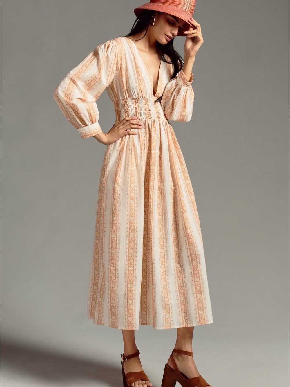 Mille Striped V-Neck Peach Maxi Dress with Smocked Waist